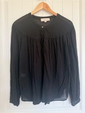 LOFT Black Plaid Gingham Balloon Sleeve Peasant Blouse Top Boho Button Front S